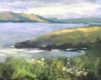 IRELAND Seashore Wildflowers plein air Landscape Original Pastel Painting Karen Margulis 5x7