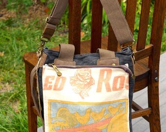 Red Rose Chicken Feed - Book Tote W- OOAK Canvas & Leather Tote .. Selina Vaughan