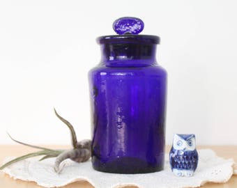 Vintage Hand Blown Cobalt Blue Glass Lidded Jar, Cobalt Glass Decor, Cobalt Apothecary Jar, Cobalt Glass Collectible, Blue Glass Jar