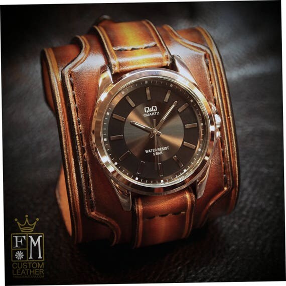 Leather cuff watch Tobacco sunburst wide layered Brown watch band cuff Bracelet Handmade for YOU in NYC by Freddie Matara