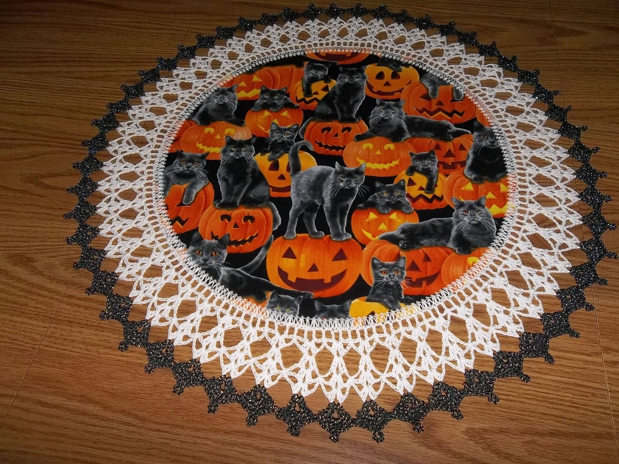 Crochet Doily Halloween Doilies Lace Crocheted Black Cat Doily