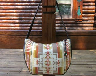Hobo Bag Purse Shoulder Bag Handbag Brown Leather Native American Print Blanket Wool from Pendleton Oregon