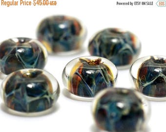 ON SALE 30% off Seven Blue/Multi-colors Borosilicate Rondelle Beads - Handmade Glass Lampwork Bead Set 10409501