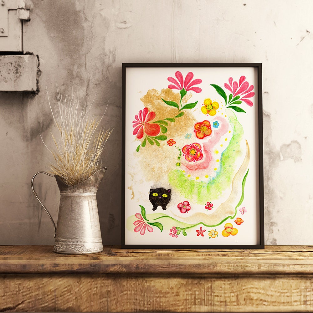 cat painting by ssstephg painting of black cat with flowers by ssstephg