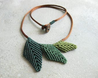 Green Leaf Necklace Micro Macrame Jewelry . Botanical Elven Natural Woodland Boho Hippie Chic Organic . Design by raiz
