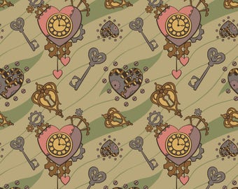 Steampunk Valentine Fabric - Clockwork Heart Tan By Rastea - Steampunk Valentine Decor Cotton Fabric By The Yard With Spoonflower