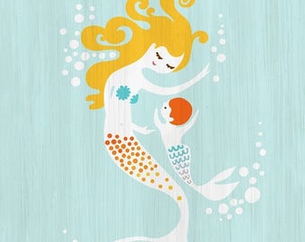 SUMMER SALE 8X10" mermaid mother & baby boy giclee print on fine art paper. sky blue, yellow, orange. blonde redhead. textured background.