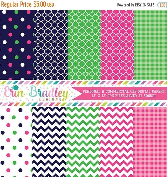80% OFF SALE Digital Scrapbook Papers Personal and Commercial Use Preppy Navy Blue Pink and Green Il_570xn