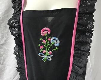 1970s Vintage Black Embroidered Pinafore Jumper Dress L XL