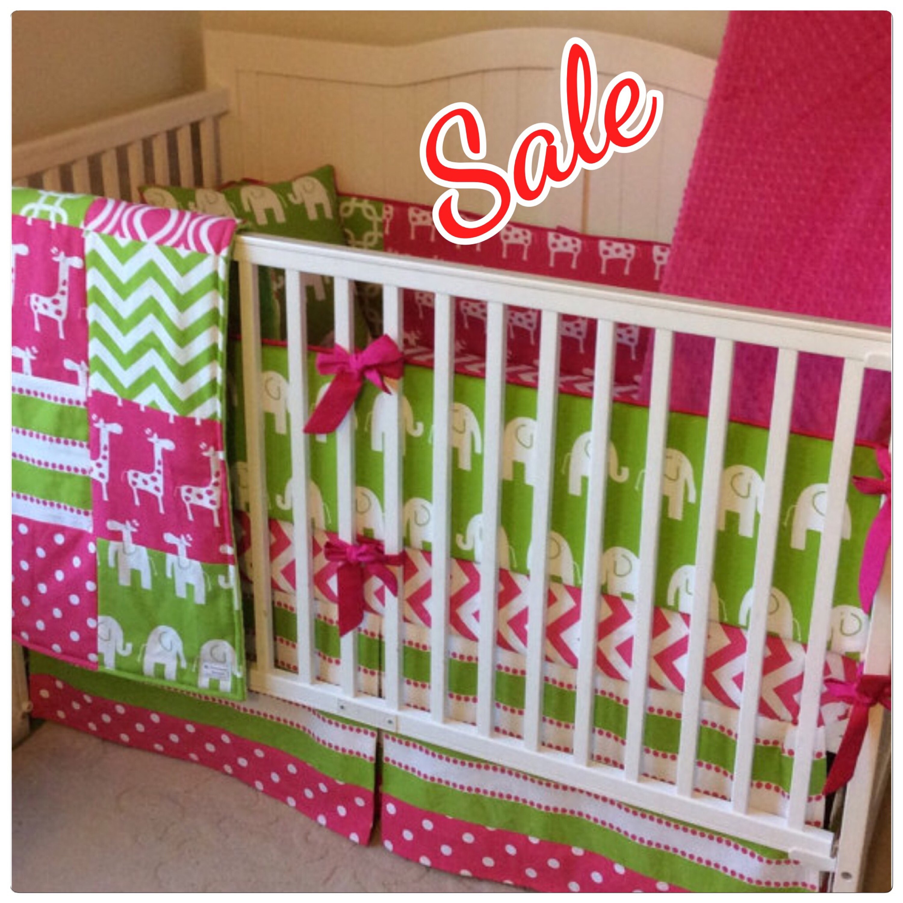 Baby Girl Crib Bedding Set Pink and Green Elephants and