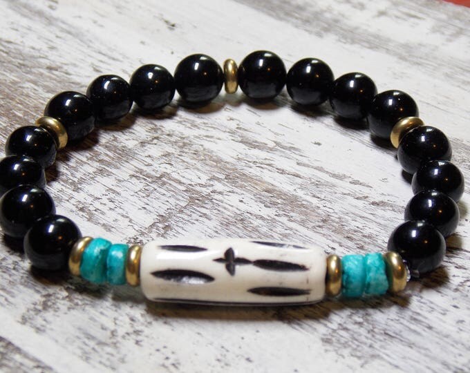 Black Onyx And Bone Bracelet Beaded Brass Mens Tribal Bracelet Stretch Bracelet Black Bracelet Gift for Him Bracelet Spiritual