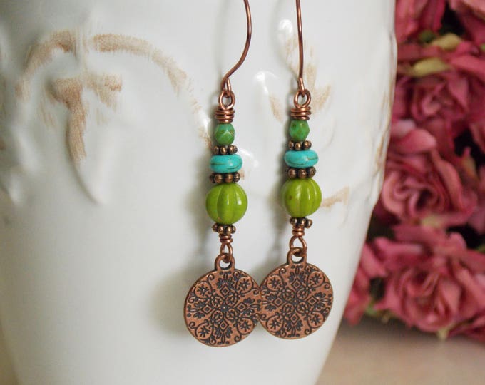 Copper Dangle Charm Earrings Turquoise Blue Green Czech Glass Bead Earrings Long Rustic Oxidized Copper Boho Earthy Woodland Jewelry Gift