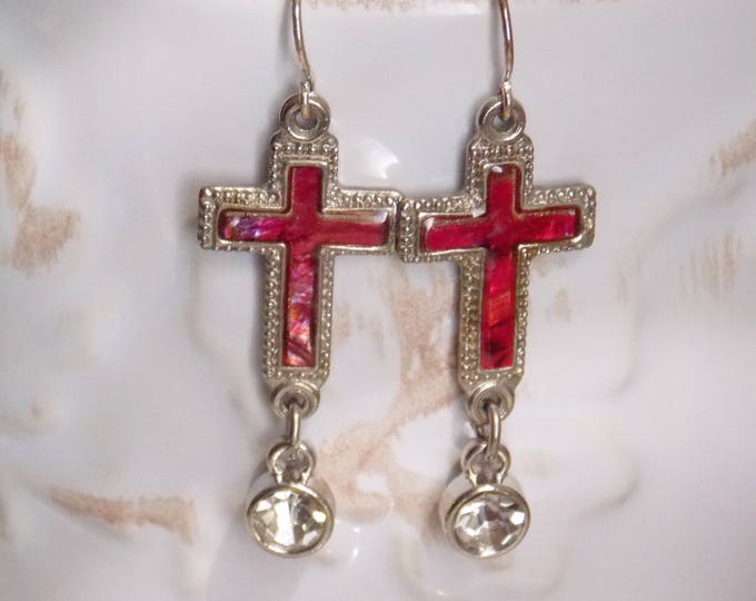 Red Mother of Pearl Abalone Shell Cross Earrings Pierced Dangling Minimalist One of Kind 1970s Rhinestone Christian Boho Bohemian Chic