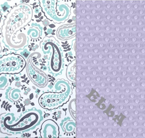 Personalized Baby Blanket Minky Baby Blanket Girl Gray Lavender Mint Paisley - Nursery Decor / Mint Baby Blanket / Name Baby Blanket
