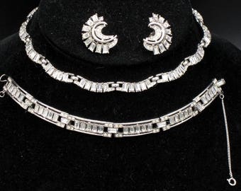 Vintage 1955 Jewels by Trifari, Pave and Baguette Rhinestone Full Necklace Parure