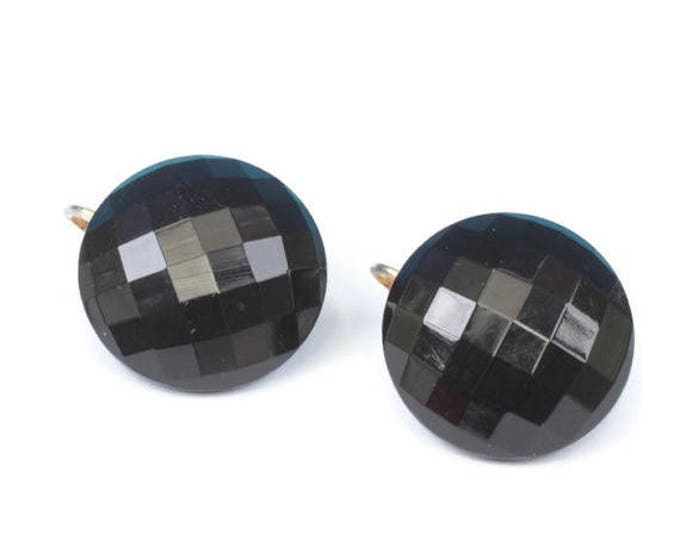 Faceted Black Glass Round Earrings Clip On Vintage Domed