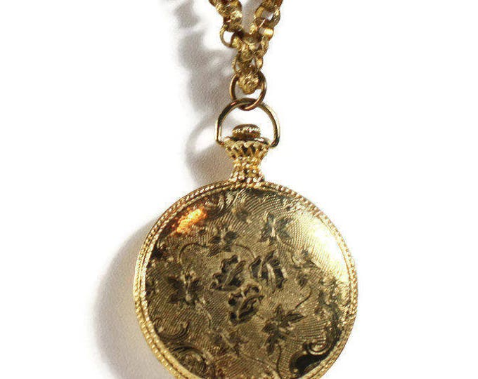 Max Factor Powder Compact Necklace Embossed Floral Design Pocket Watch Case Style Necklace