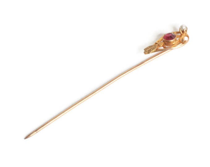 10K Gold Stickpin Simulated Ruby and Seed Pearl Victorian Pin