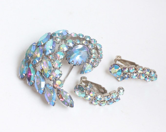 Designer Blue AB Rhinestone Brooch Earrings Set Signed Continental Vintage Wedding Bridal