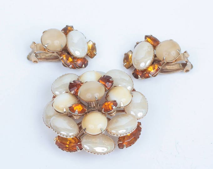 Topaz Givre Stone Brooch Earrings Set Iridescent Beads Vintage
