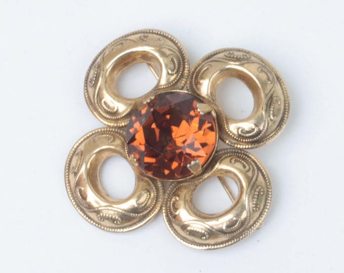 Topaz Glass Quatrefoil Shape Brooch Celtic Style Vintage