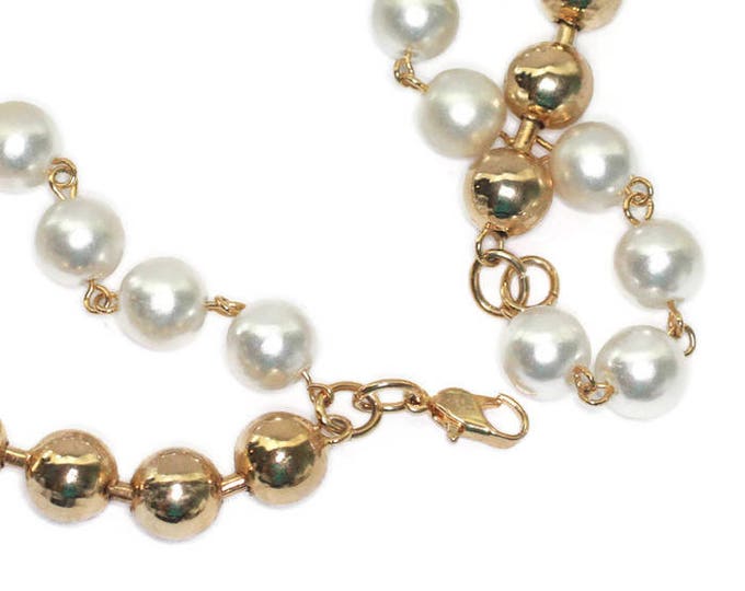 Simulated Pearl and Gold Tone Bead Necklace Two Strand Longer Length Vintage