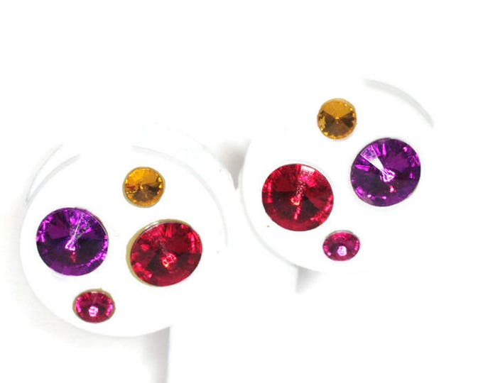 White Lucite Rhinestone Earrings Multi Color Rivoli Stones Large Round Clip Ons