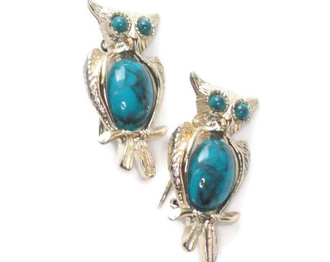 Two Owl Scatter Pins Faux Turquoise Tummy Eyes Gold Tone Vintage Set