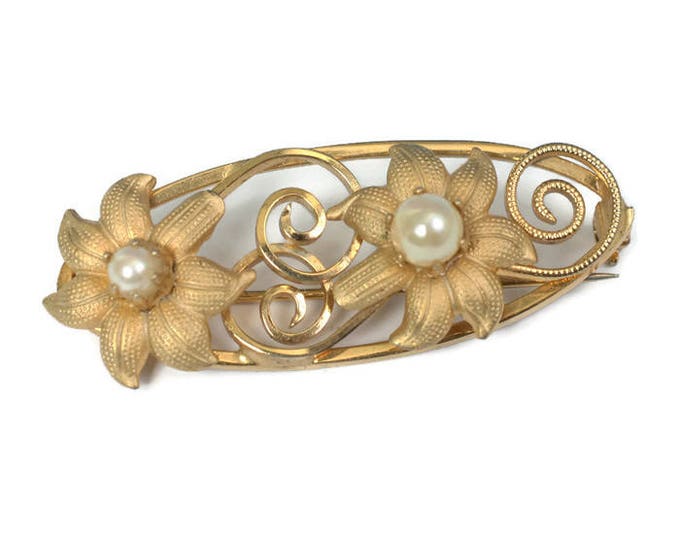 Cultured Pearl Oval Pin Brooch Flowers Gold Tone Vintage