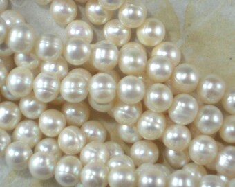 50 Cream White Pearls Egg Baroque Potato 8mm High Luster Ringed Freshwater 15" Pearl Temp Strand (4297)