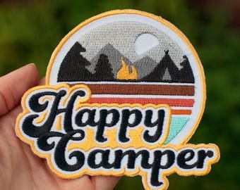 HAPPY CAMPER 4 inch : Velcro Patch, Adventure Patch, Outdoor Patch, Camping Patch, Everyday Carry, EDC, Camp Patch, Embroidered Patches
