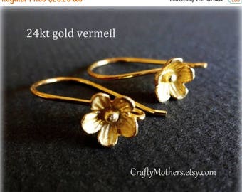 8% off SHOP-WIDE, 5 Pairs Bali 24kt Gold Vermeil Large Flower Ear Wires (10 pieces), 25mm x 15mm, artisan-made supply