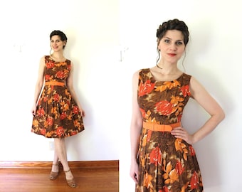 1950s Dress / 50s Dress / 1950s 60s Orange And Brown Autumn Fall Leaves Full Skirt Dress