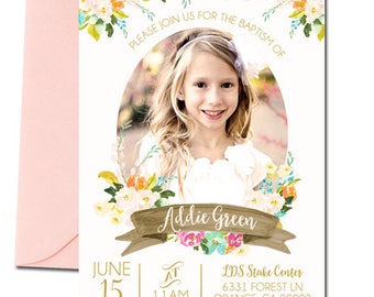 LDS Baptism Invitation, Baptism Invitation Girl, Girl's Baptism Invitation, Watercolor Floral Wreath, photo invitation, christening, lds