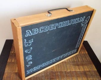 Vintage Portable Children's Wooden Alphabet Chalkboard Pegboard Box