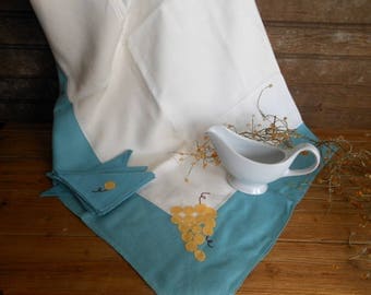 Grapes Appliqued Linen Bridge Tablecloth Luncheon Set Teal Mustard Yellow Vintage at Quilted Nest