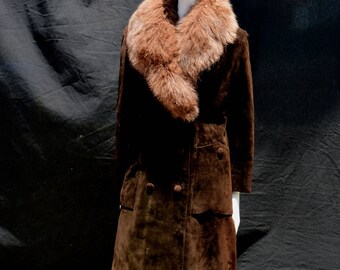 Vintage 70's fur lined suede overcoat coat with FOX FUR collar rocker classic sM by thekaliman