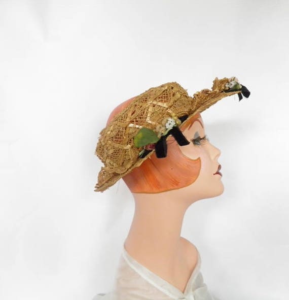 1940s straw hat vintage poke with flowers