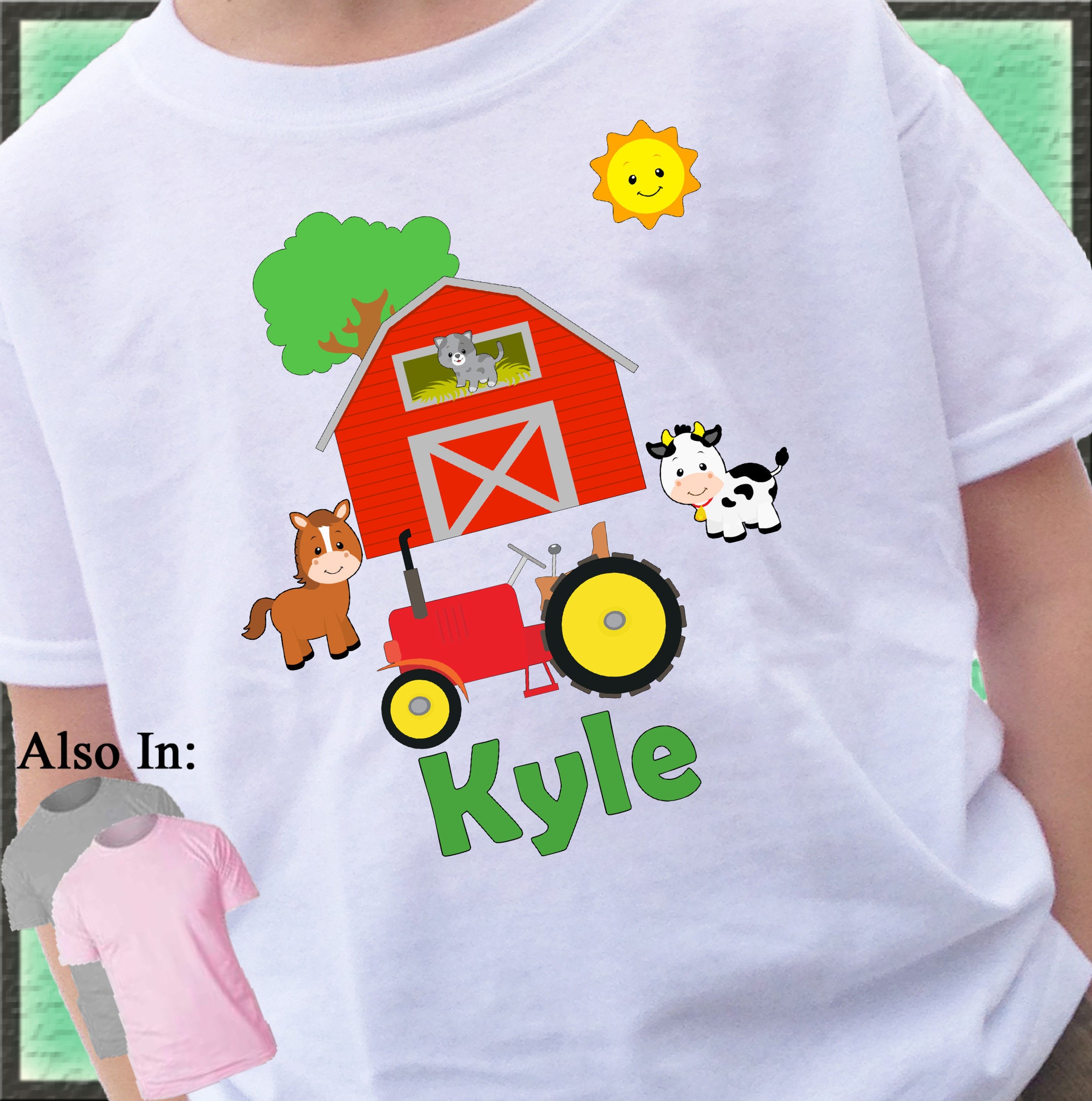 Custom Farm Animal and Red Barn Shirt with Red Tractor Horse