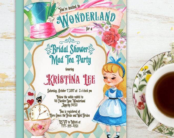 Alice in Wonderland Tea Party Baby Shower Invitation, Mad Hatter Tea Party Baby Shower Printable Invitation 6v.2