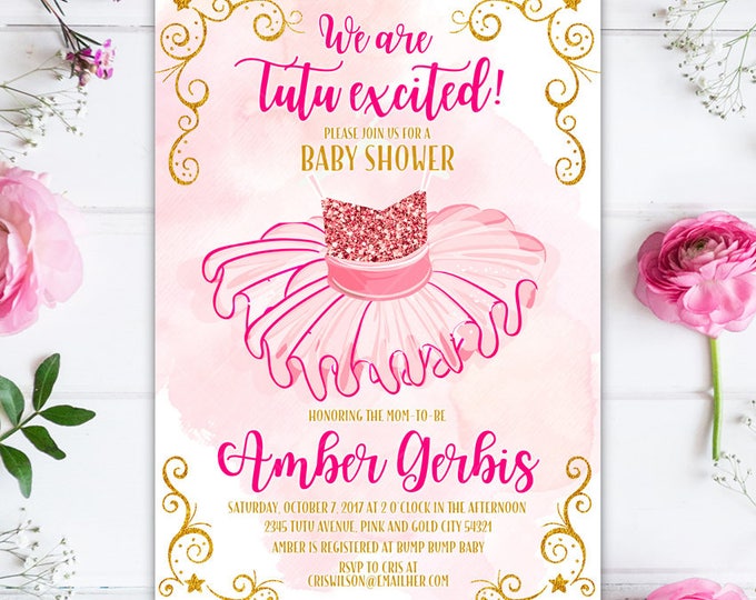 Ballerina Invitation, We are Tutu Excited Baby Shower Pink and Gold Glitter Tutu Printable Baby Shower Invitation