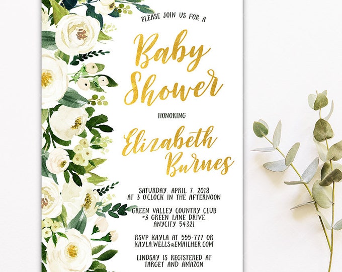 Dainty White Watercolor Floral Baby Shower Invitation, Baby Announcement, Gender Reveal, White Florals Baby Shower Printable Invitation
