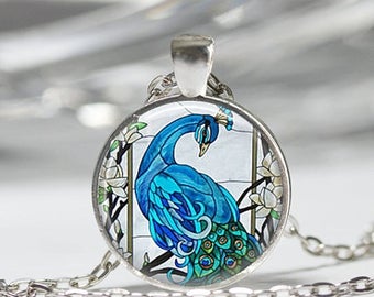 ON SALE Blue Peacock Necklace Bird Jewelry Nature Glass Dome Art Pendant in Bronze or Silver with Link Chain Included