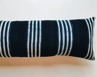 Striped Indigo Mudcloth Lumbar Pillow Cover - Long Lumbar Pillow - Modern Bohemian