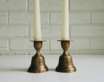 Pair of Vintage Etched Floral Brass Taper Holder Bells from India - Brass Candle Stick Holders Bohemian Modern Eclectic Decor