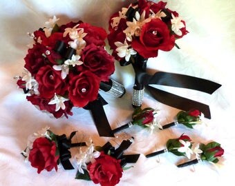 Reserved Red rose bouquet red white black wedding bouquet and boutonniere package
