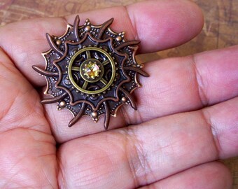 Steampunk Tie Tack (TT701) Copper and Brass Stamping and Gears, Swarovski Crystal, Tie Tack