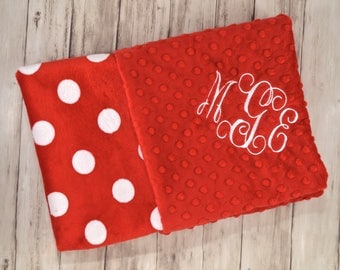 SALE Monogrammed Minky Baby Blanket - Red and white Polka dots, Black, Personalized Soft Neutral - Minnie Mouse, blanket with name, Newborn