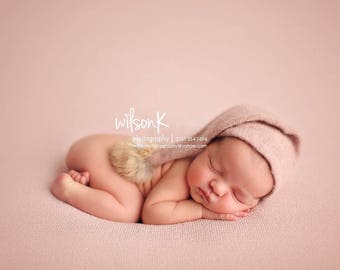 Newborn Knotted Night Cap, Photography Prop Sleepy Hat, Newborn Sleep Hat, Dove Grey Night Cap, Pompom Hat, Photo Prop Night Cap