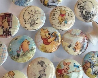 SUMMER SALE dresser drawer knobs pulls wood knobs decorated with Winnie Pooh and friends images 1 1/2 inch set of 6 decoupaged